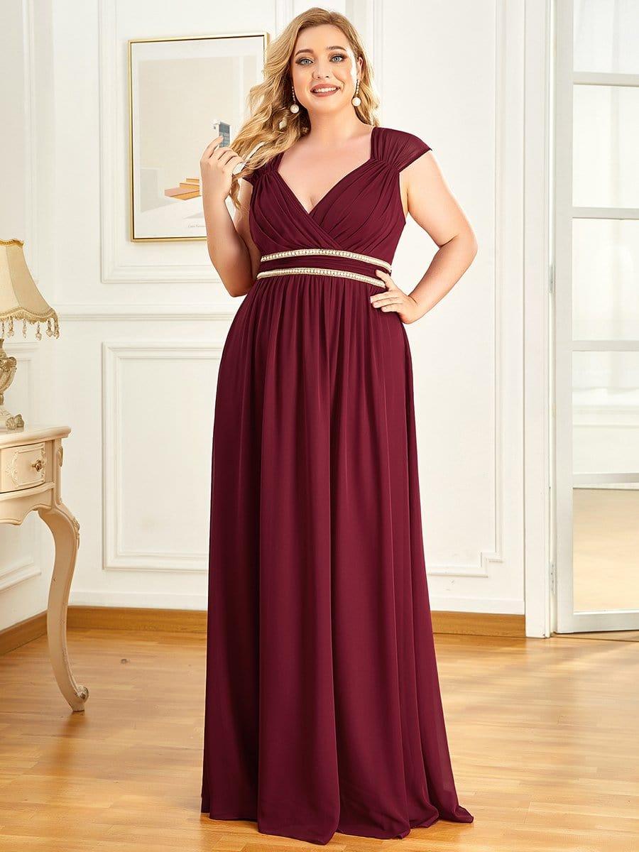 Luxurious Plus Size V-Neck Chiffon Formal Evening Dress with Beaded Belt
