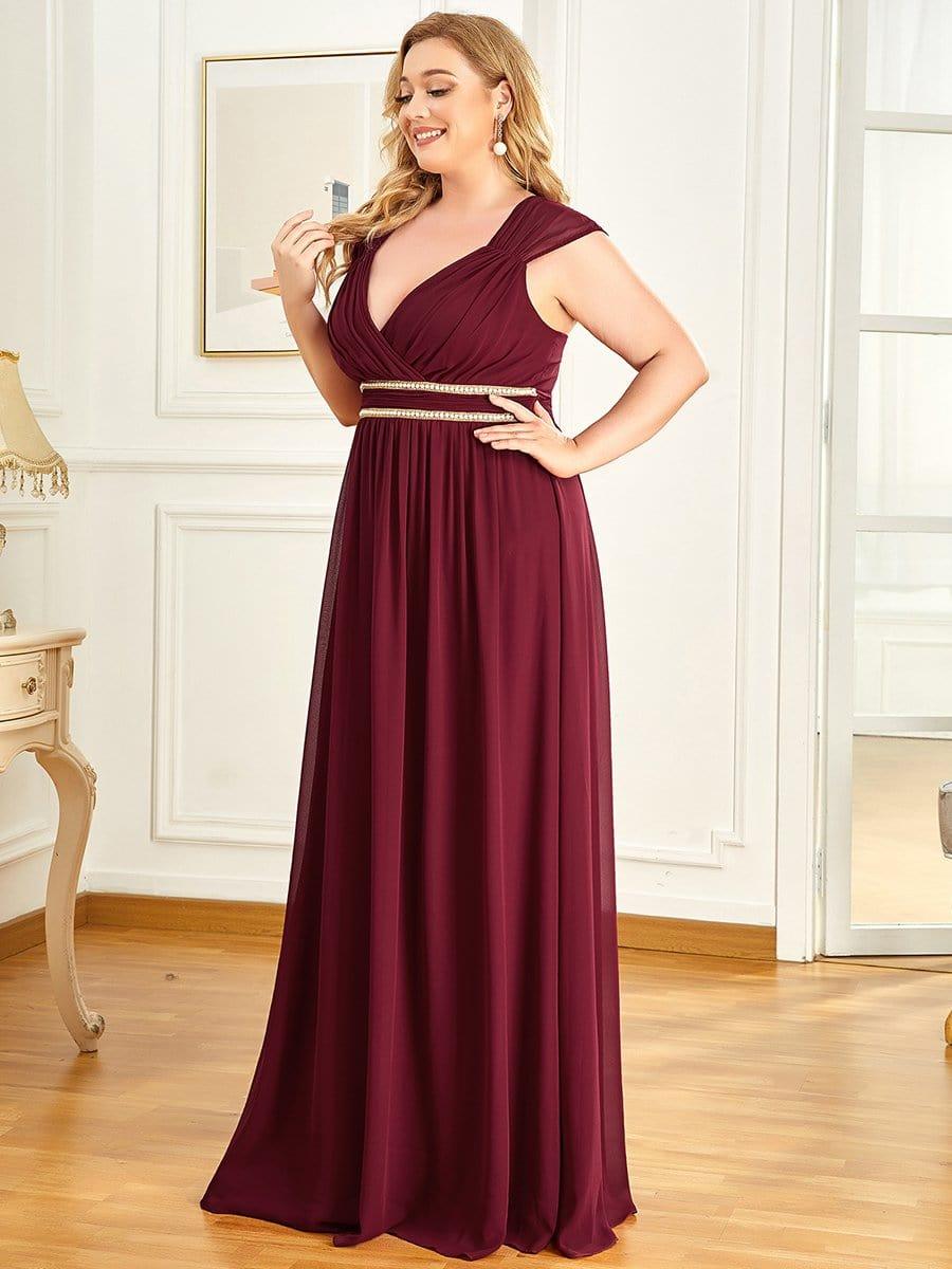 Luxurious Plus Size V-Neck Chiffon Formal Evening Dress with Beaded Belt