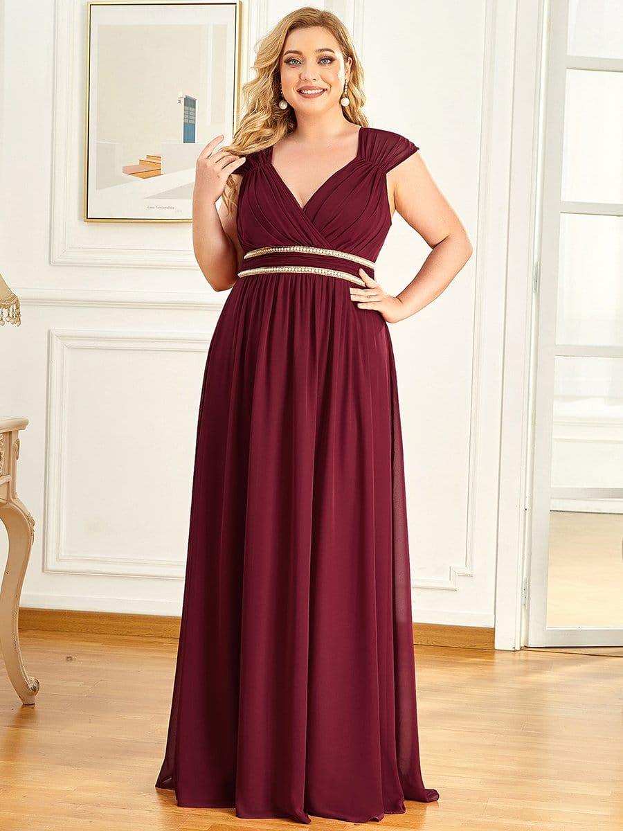 Luxurious Plus Size V-Neck Chiffon Formal Evening Dress with Beaded Belt