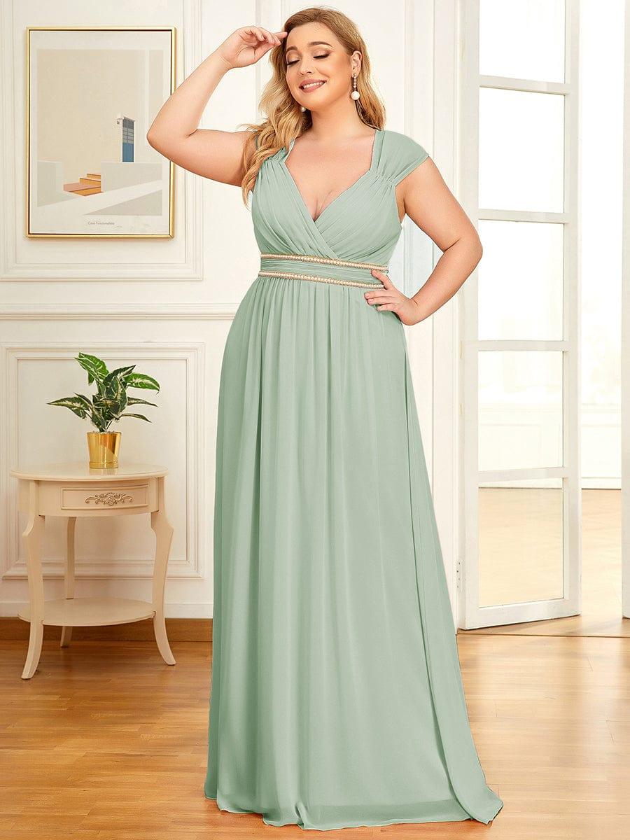 Luxurious Plus Size V-Neck Chiffon Formal Evening Dress with Beaded Belt