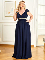 Luxurious Plus Size V-Neck Chiffon Formal Evening Dress with Beaded Belt