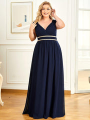 Luxurious Plus Size V-Neck Chiffon Formal Evening Dress with Beaded Belt
