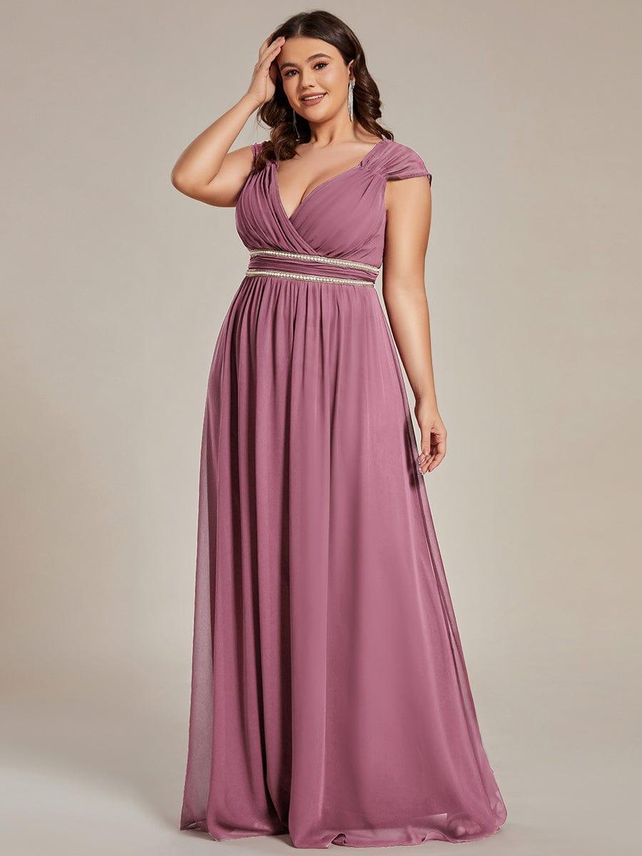 Luxurious Plus Size V-Neck Chiffon Formal Evening Dress with Beaded Belt