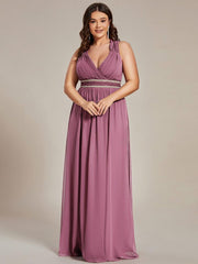 Luxurious Plus Size V-Neck Chiffon Formal Evening Dress with Beaded Belt