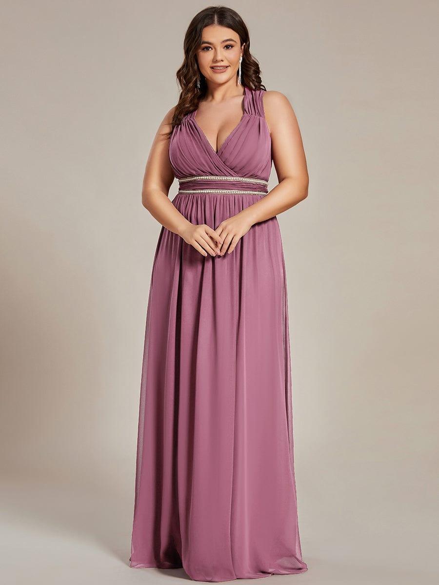 Luxurious Plus Size V-Neck Chiffon Formal Evening Dress with Beaded Belt