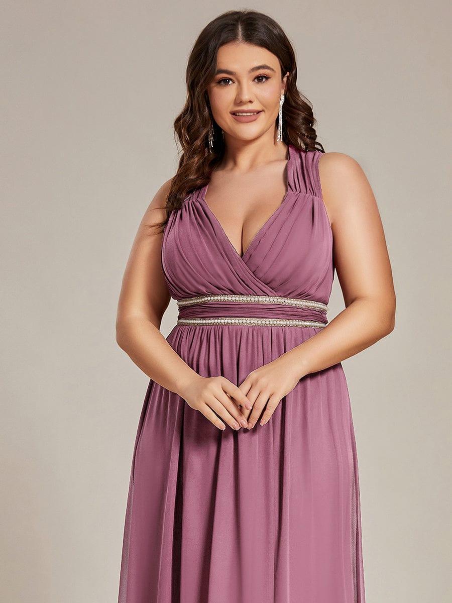 Luxurious Plus Size V-Neck Chiffon Formal Evening Dress with Beaded Belt
