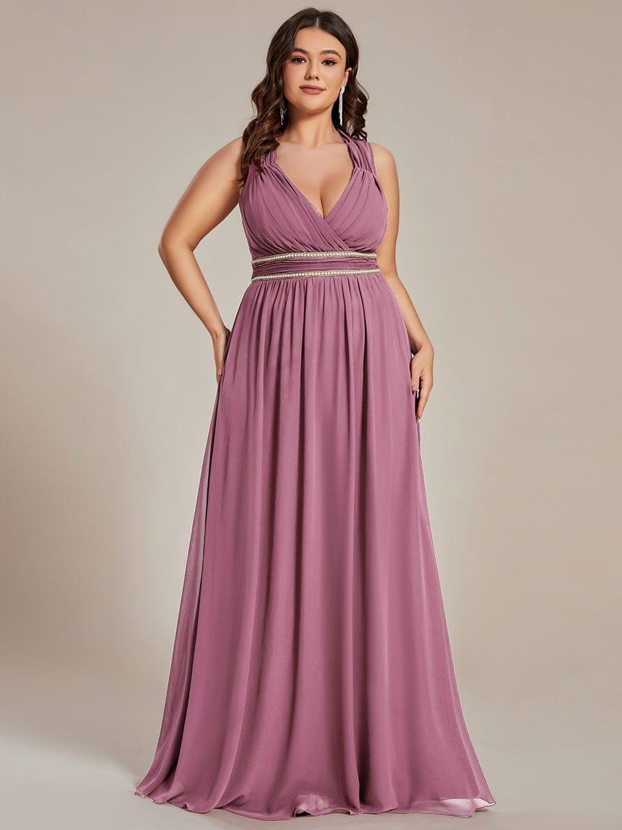 Luxurious Plus Size V-Neck Chiffon Formal Evening Dress with Beaded Belt