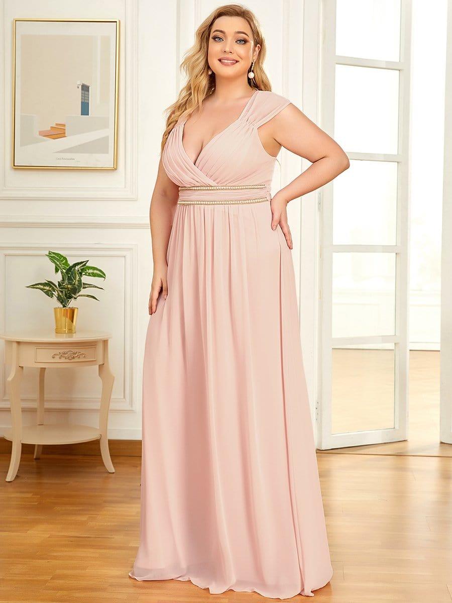Luxurious Plus Size V-Neck Chiffon Formal Evening Dress with Beaded Belt