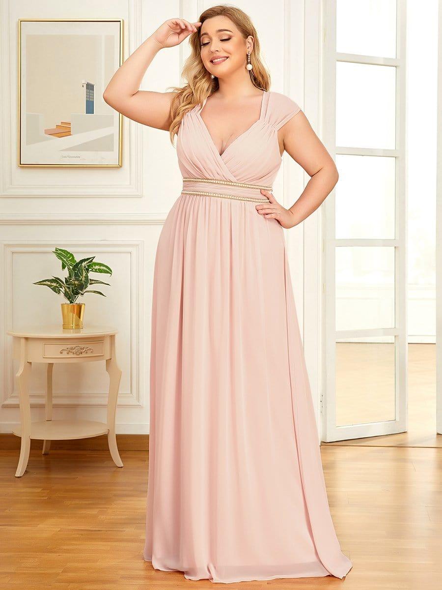 Luxurious Plus Size V-Neck Chiffon Formal Evening Dress with Beaded Belt