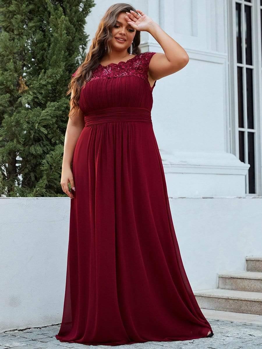 Modern Plus Size Maxi Floor-Length Lace Bridesmaid Dress with Cap Sleeves