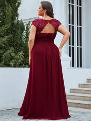 Modern Plus Size Maxi Floor-Length Lace Bridesmaid Dress with Cap Sleeves