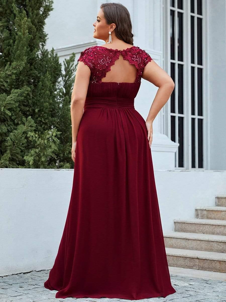 Modern Plus Size Maxi Floor-Length Lace Bridesmaid Dress with Cap Sleeves