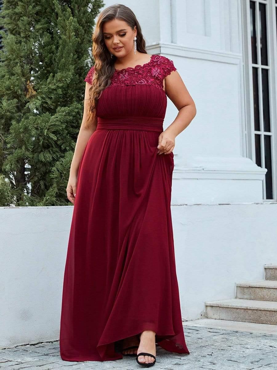 Modern Plus Size Maxi Floor-Length Lace Bridesmaid Dress with Cap Sleeves