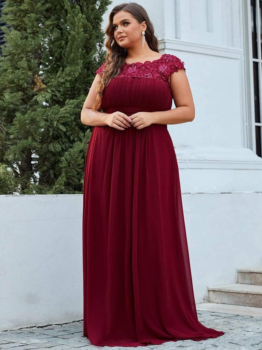 Modern Plus Size Maxi Floor-Length Lace Bridesmaid Dress with Cap Sleeves