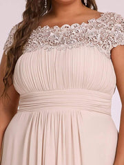 Modern Plus Size Maxi Floor-Length Lace Bridesmaid Dress with Cap Sleeves