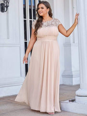 Modern Plus Size Maxi Floor-Length Lace Bridesmaid Dress with Cap Sleeves