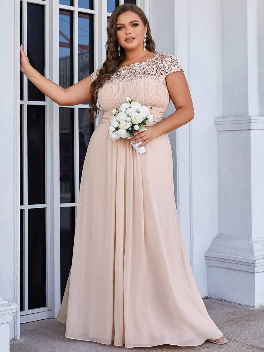 Modern Plus Size Maxi Floor-Length Lace Bridesmaid Dress with Cap Sleeves