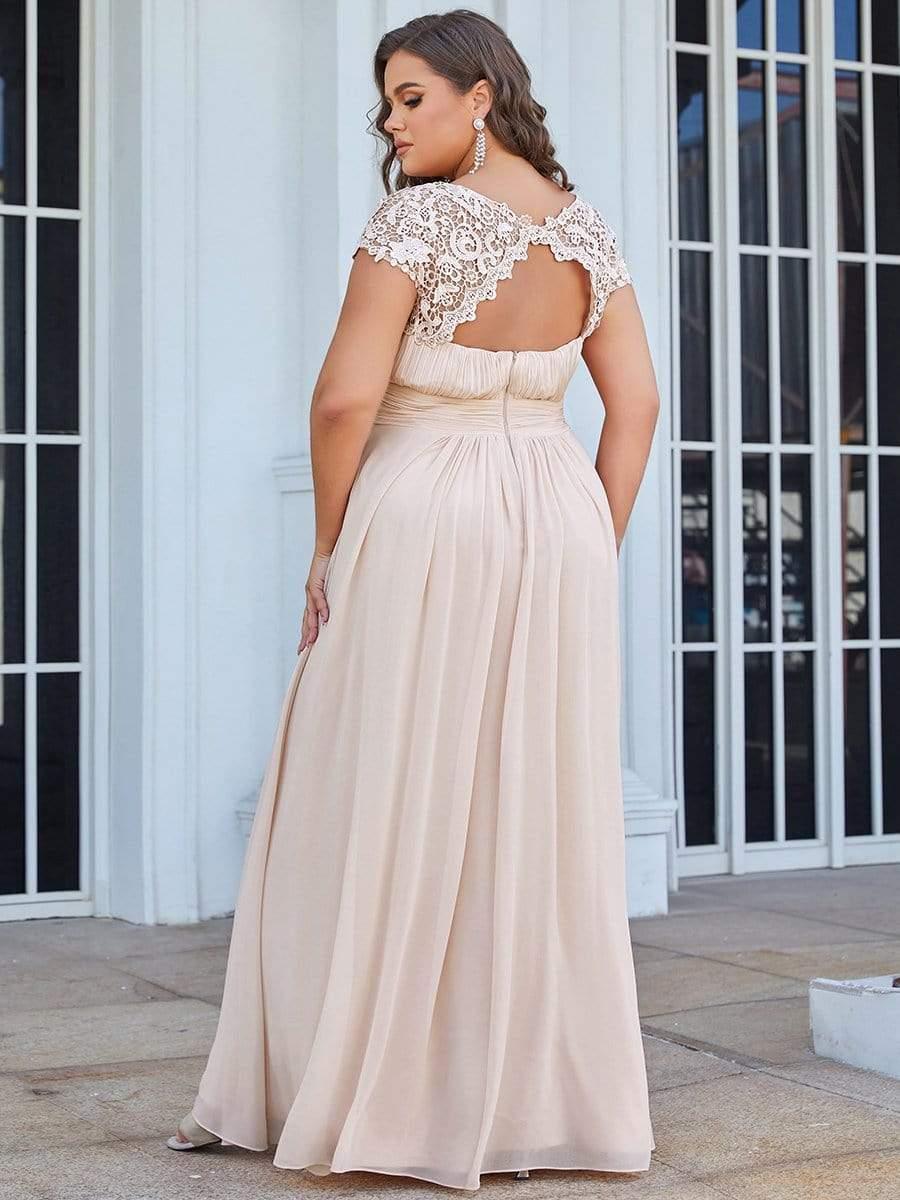 Modern Plus Size Maxi Floor-Length Lace Bridesmaid Dress with Cap Sleeves