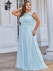 Modern Plus Size Maxi Floor-Length Lace Bridesmaid Dress with Cap Sleeves