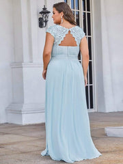 Modern Plus Size Maxi Floor-Length Lace Bridesmaid Dress with Cap Sleeves