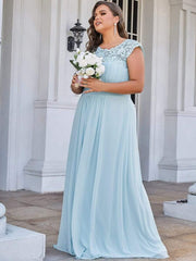 Modern Plus Size Maxi Floor-Length Lace Bridesmaid Dress with Cap Sleeves