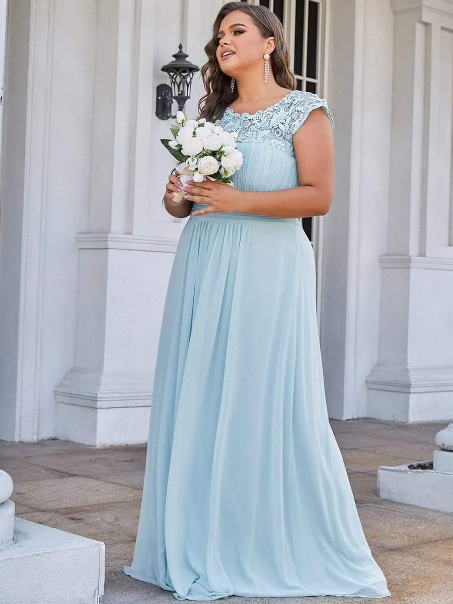 Modern Plus Size Maxi Floor-Length Lace Bridesmaid Dress with Cap Sleeves