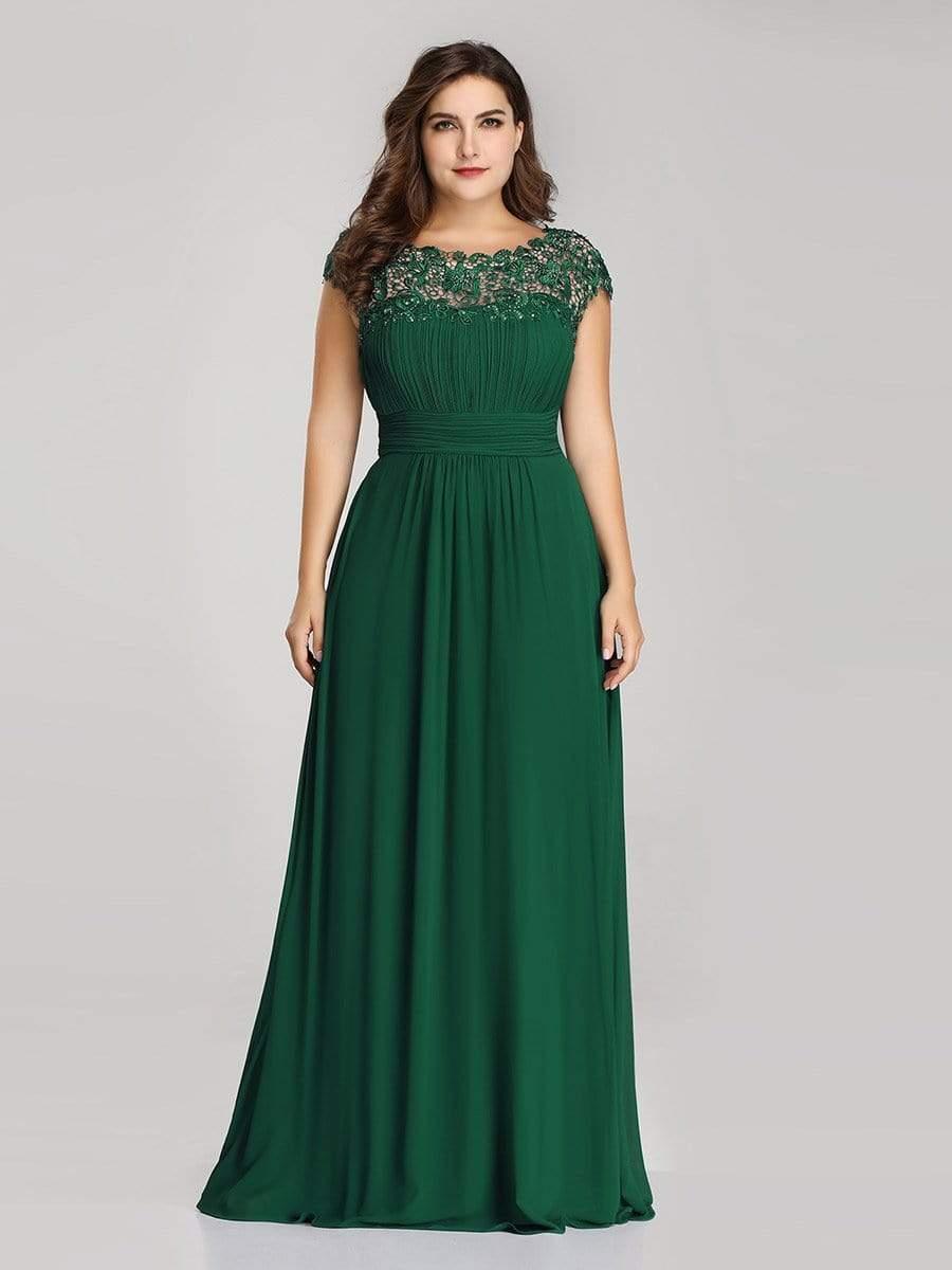Modern Plus Size Maxi Floor-Length Lace Bridesmaid Dress with Cap Sleeves