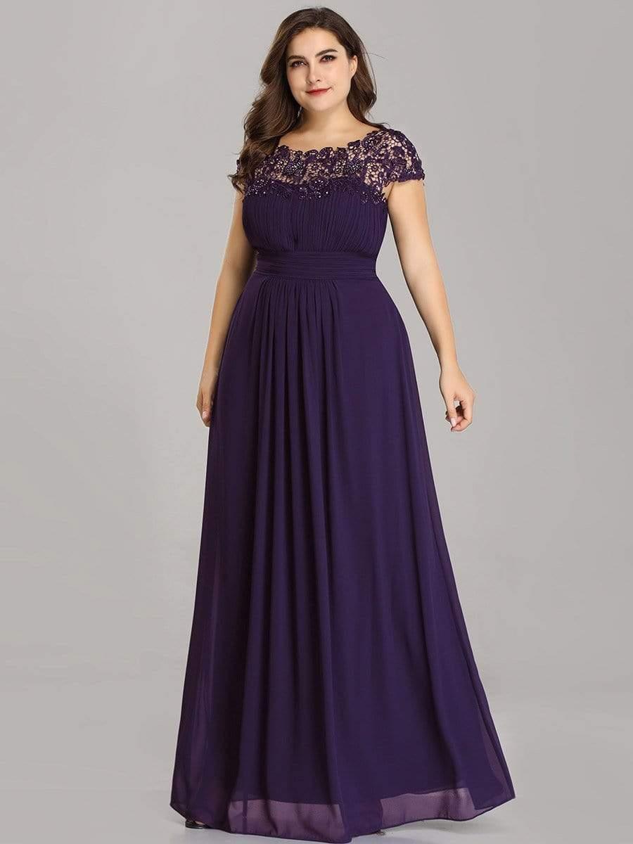 Modern Plus Size Maxi Floor-Length Lace Bridesmaid Dress with Cap Sleeves