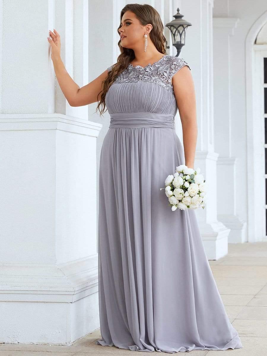 Modern Plus Size Maxi Floor-Length Lace Bridesmaid Dress with Cap Sleeves