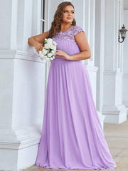 Modern Plus Size Maxi Floor-Length Lace Bridesmaid Dress with Cap Sleeves