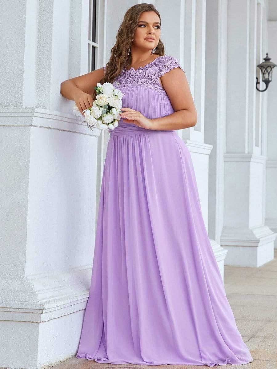 Modern Plus Size Maxi Floor-Length Lace Bridesmaid Dress with Cap Sleeves