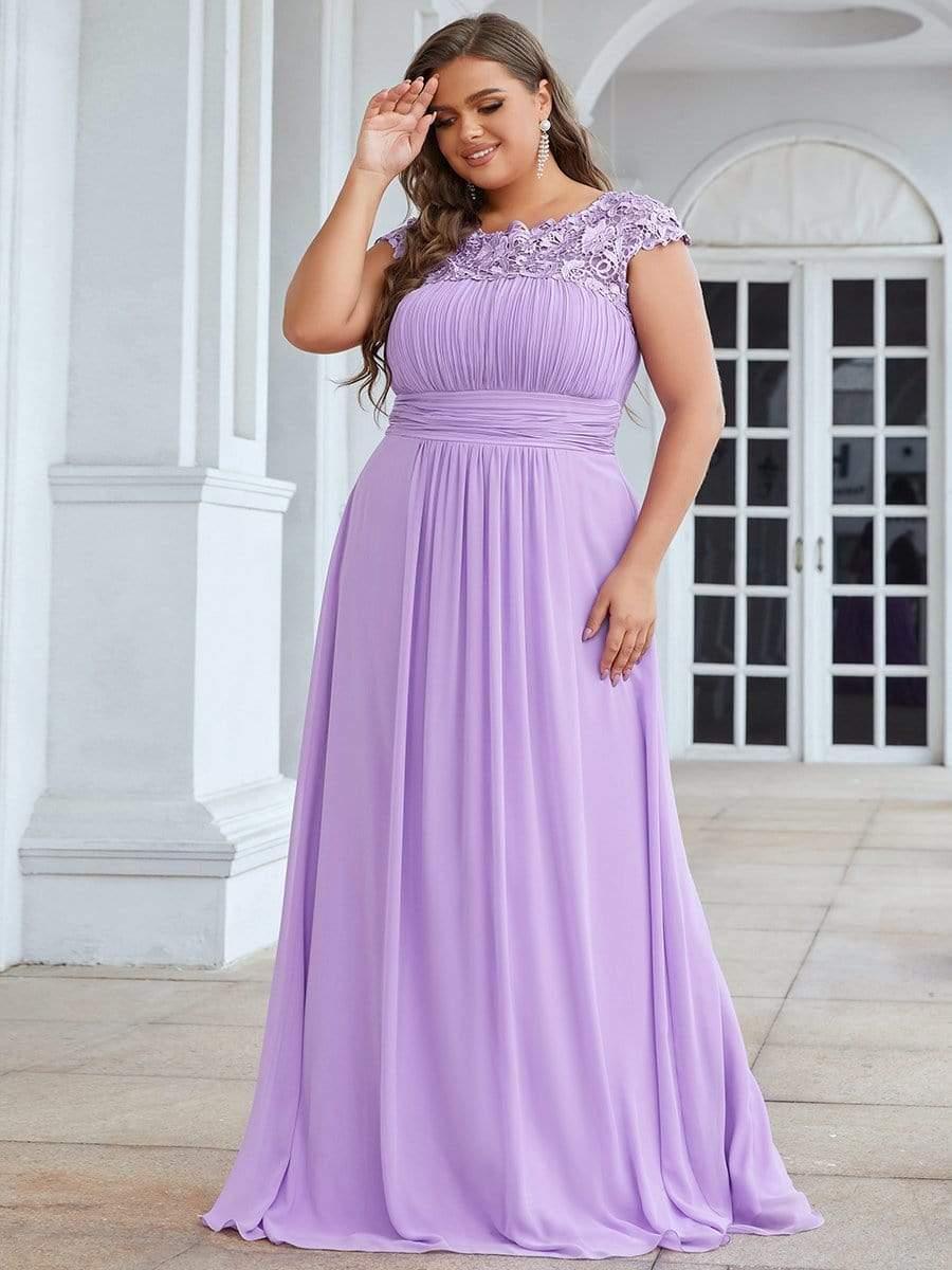 Modern Plus Size Maxi Floor-Length Lace Bridesmaid Dress with Cap Sleeves