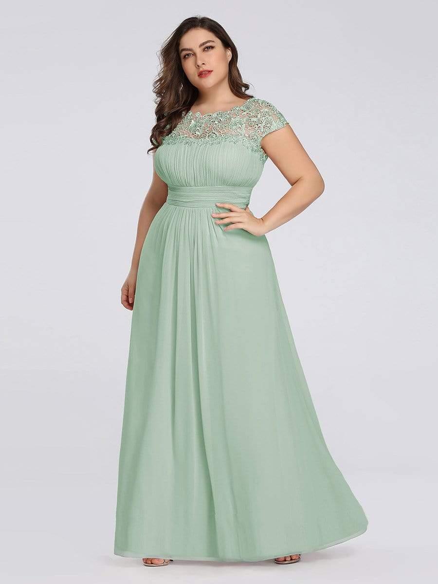 Modern Plus Size Maxi Floor-Length Lace Bridesmaid Dress with Cap Sleeves
