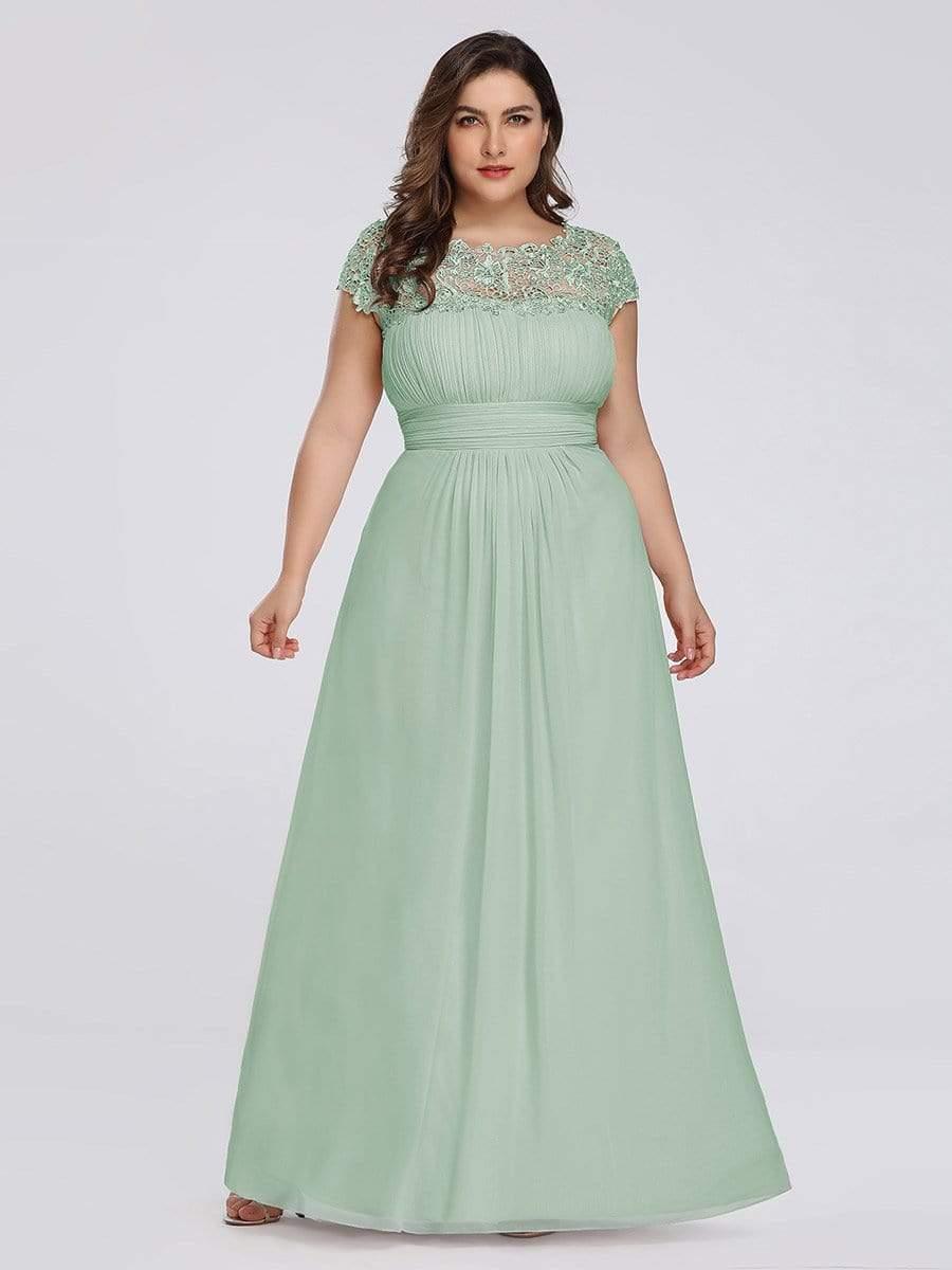 Modern Plus Size Maxi Floor-Length Lace Bridesmaid Dress with Cap Sleeves
