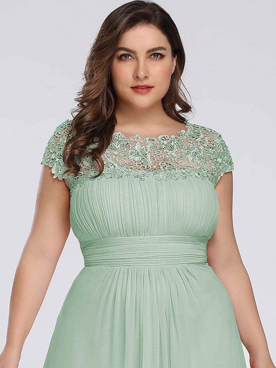 Modern Plus Size Maxi Floor-Length Lace Bridesmaid Dress with Cap Sleeves