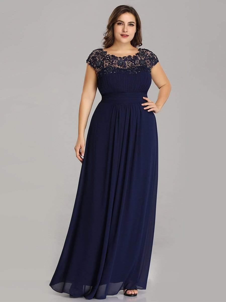Modern Plus Size Maxi Floor-Length Lace Bridesmaid Dress with Cap Sleeves