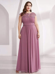 Modern Plus Size Maxi Floor-Length Lace Bridesmaid Dress with Cap Sleeves