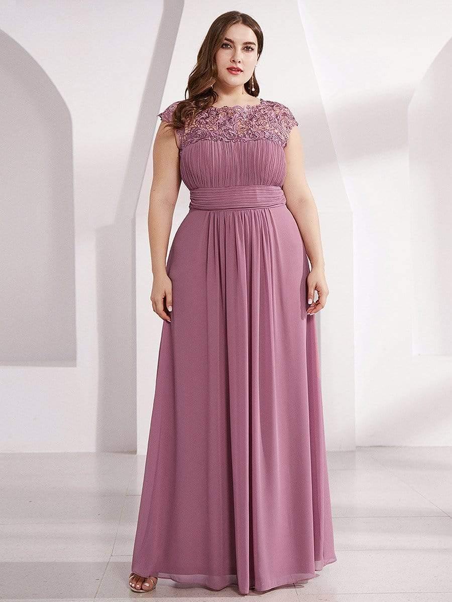 Modern Plus Size Maxi Floor-Length Lace Bridesmaid Dress with Cap Sleeves