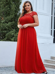 Modern Plus Size Maxi Floor-Length Lace Bridesmaid Dress with Cap Sleeves