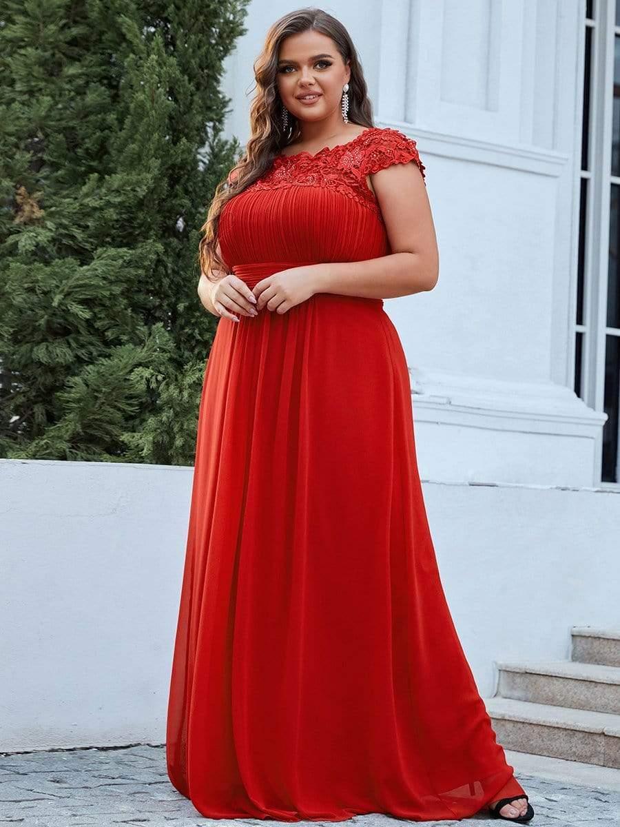 Modern Plus Size Maxi Floor-Length Lace Bridesmaid Dress with Cap Sleeves