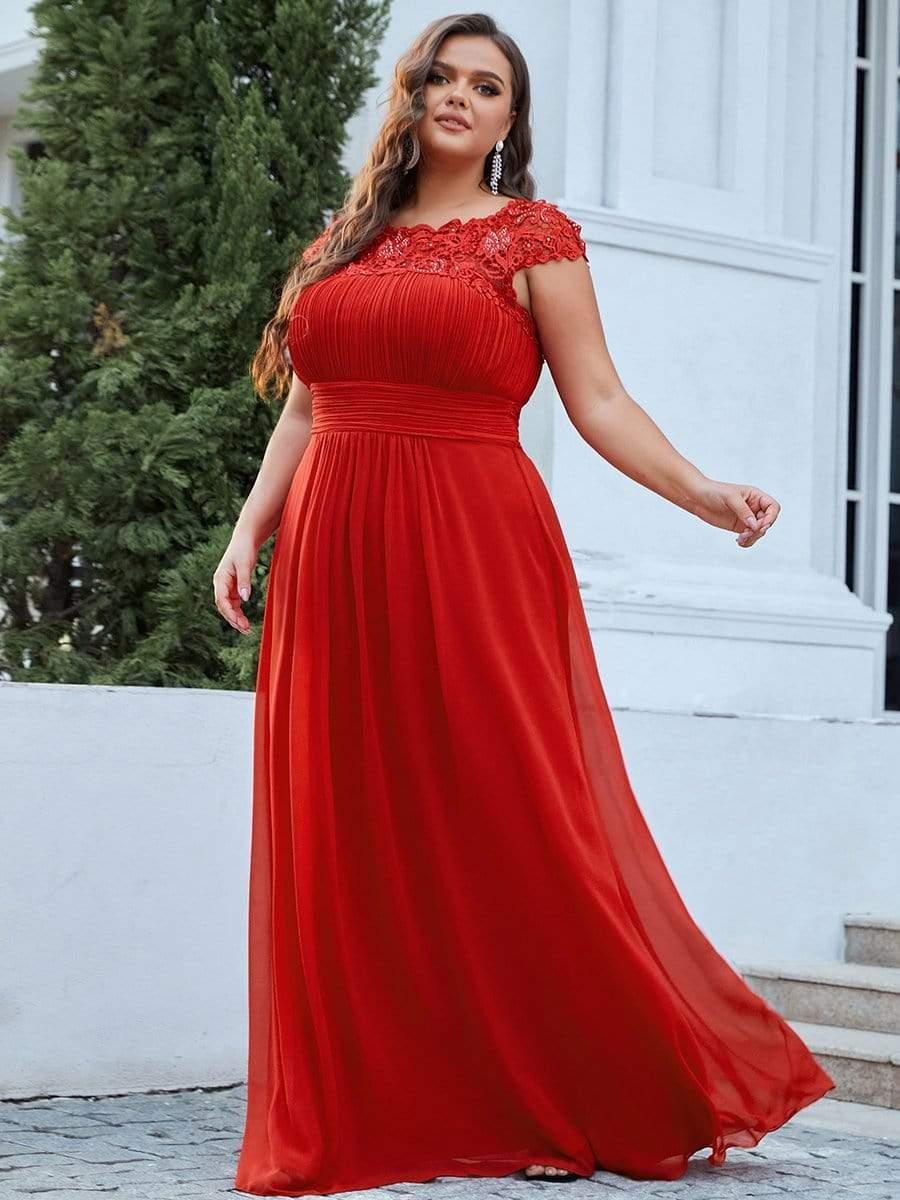 Modern Plus Size Maxi Floor-Length Lace Bridesmaid Dress with Cap Sleeves
