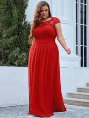 Modern Plus Size Maxi Floor-Length Lace Bridesmaid Dress with Cap Sleeves