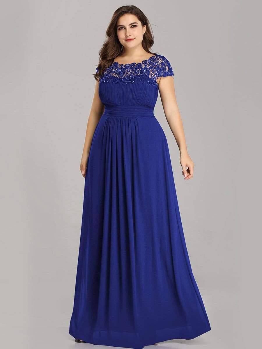 Modern Plus Size Maxi Floor-Length Lace Bridesmaid Dress with Cap Sleeves