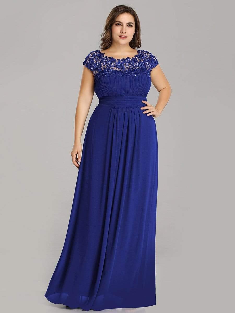 Modern Plus Size Maxi Floor-Length Lace Bridesmaid Dress with Cap Sleeves