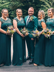 Modern Plus Size Maxi Floor-Length Lace Bridesmaid Dress with Cap Sleeves