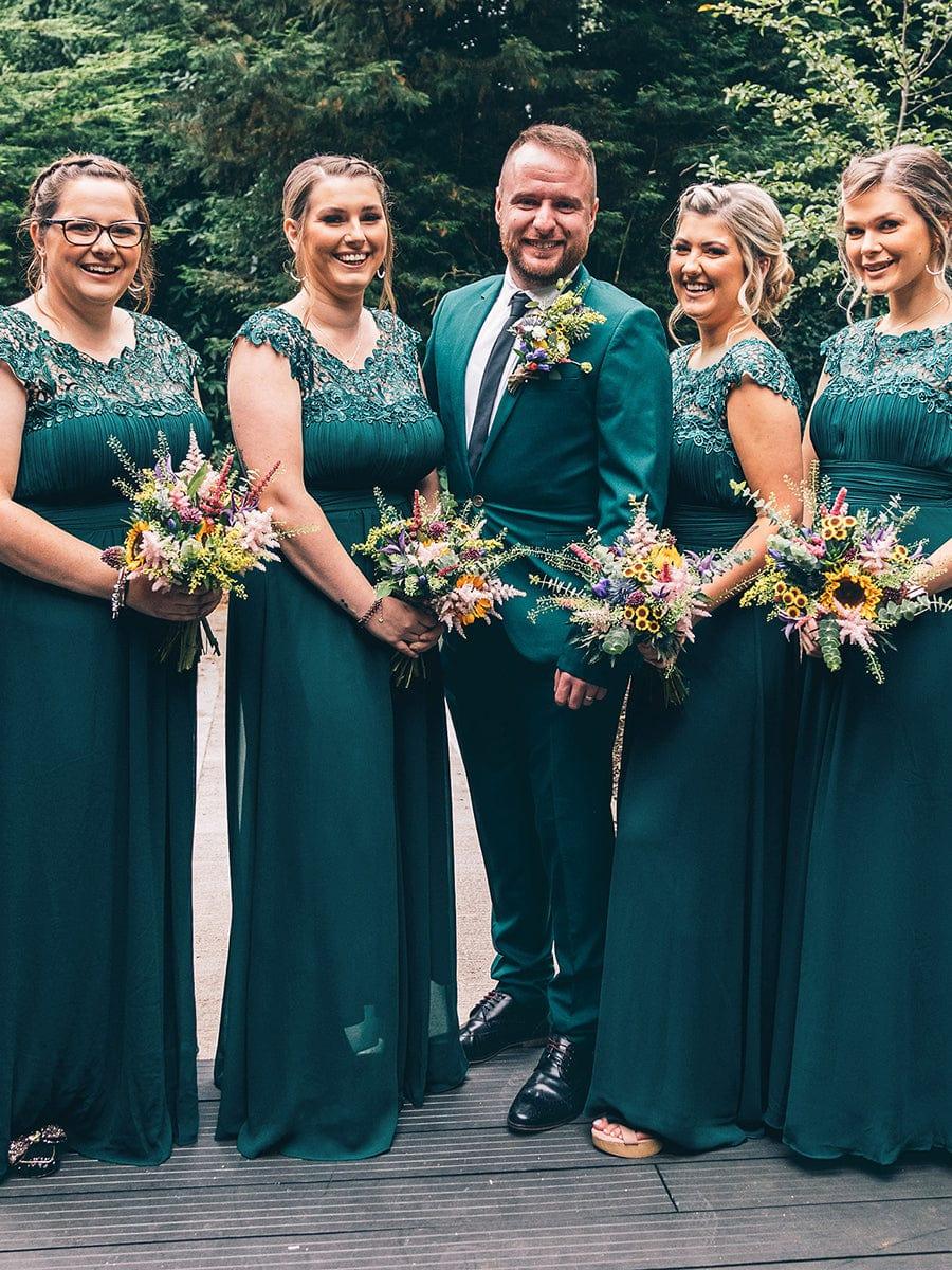 Modern Plus Size Maxi Floor-Length Lace Bridesmaid Dress with Cap Sleeves