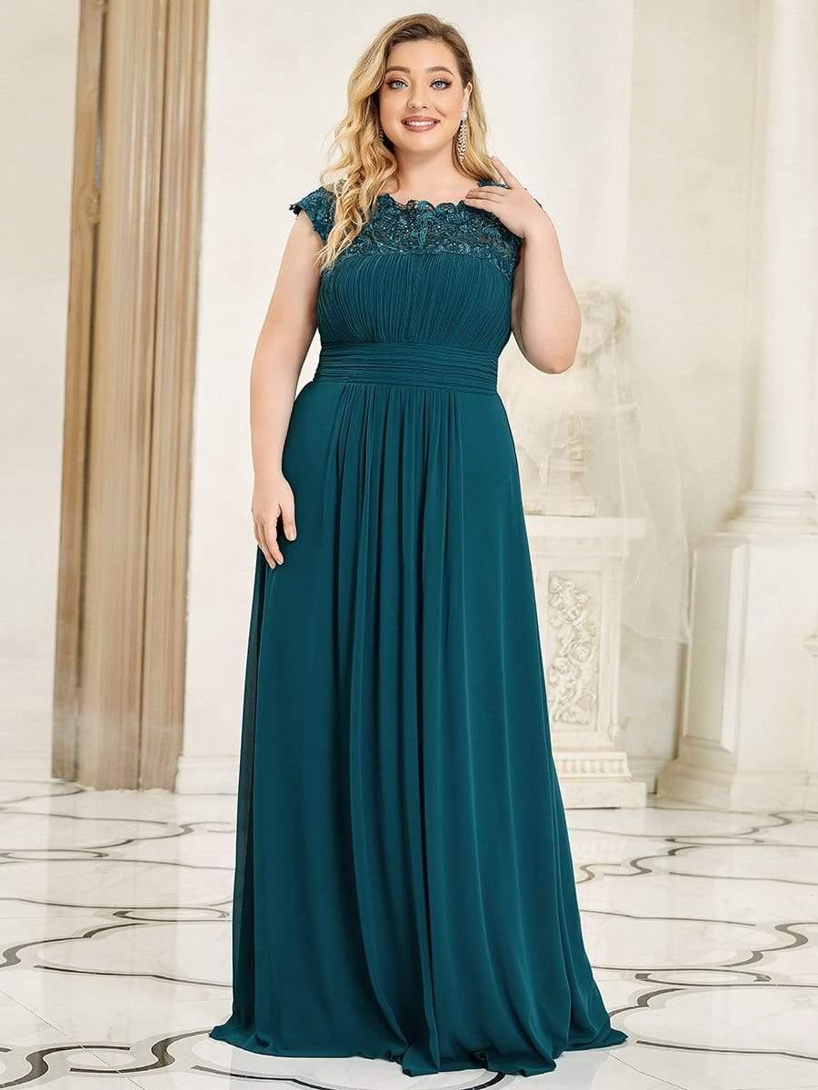 Modern Plus Size Maxi Floor-Length Lace Bridesmaid Dress with Cap Sleeves