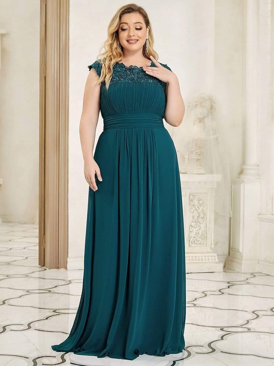 Modern Plus Size Maxi Floor-Length Lace Bridesmaid Dress with Cap Sleeves