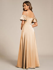 Unique Short Sleeves Off-The-Shoulder A-Line Satin Bridesmaid Dress with Slit