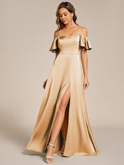 Unique Short Sleeves Off-The-Shoulder A-Line Satin Bridesmaid Dress with Slit